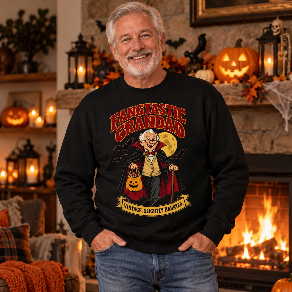 Fangtastic Grandad Men's Halloween Sweatshirt in Jet Black — lifestyle photo