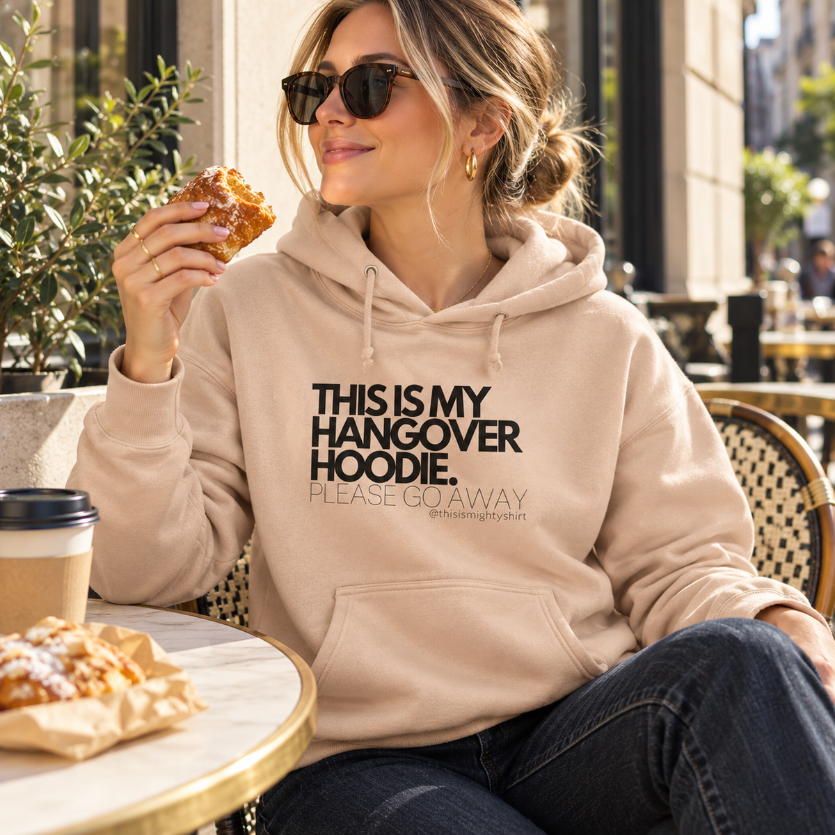 Woman wearing Nude This Is My Hangover Hoodie at brunch