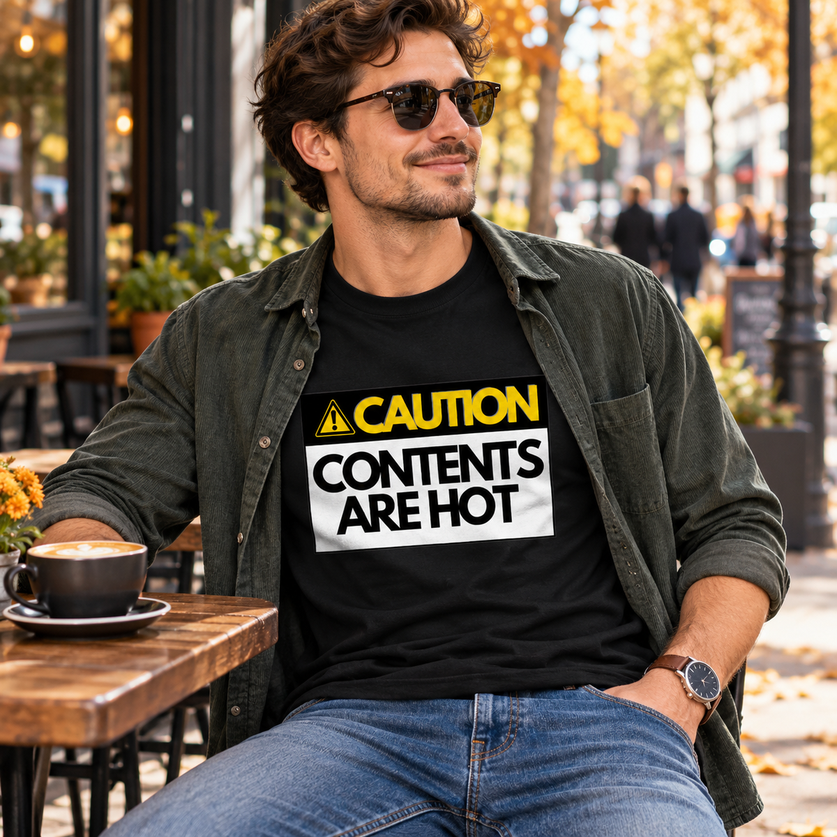 Man wearing black Hot Contents T-shirt at an autumn café