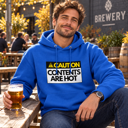 Man wearing Royal Blue Hot Contents hoodie at a brewery