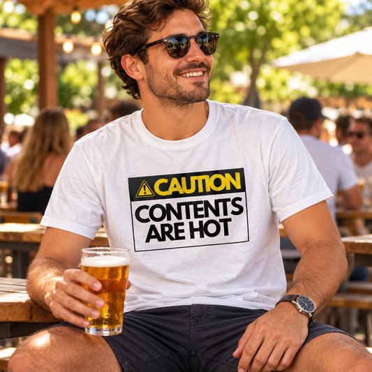 Man wearing White Hot Contents men's T-shirt with caution graphic