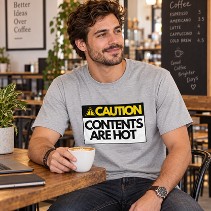 Man wearing Sports Grey Hot Contents men's T-shirt with caution graphic