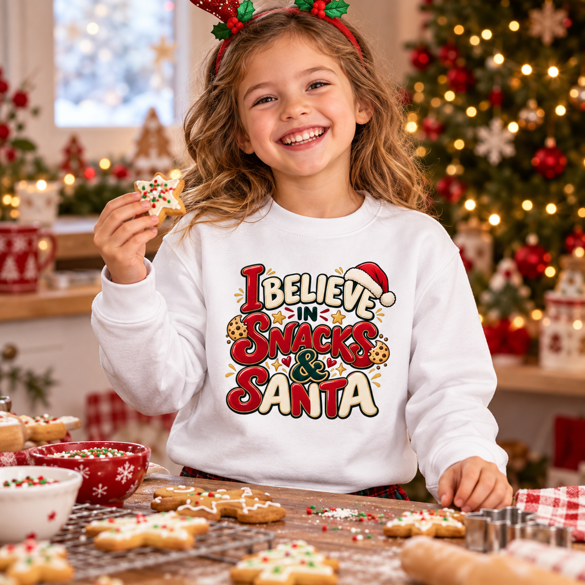 I Believe in Santa and Snacks in Arctic White – festive lifestyle photo