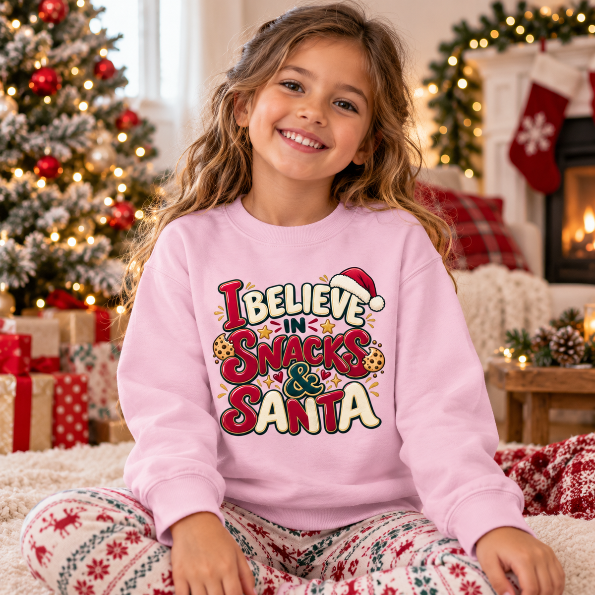 I Believe in Santa and Snacks in Baby Pink – festive lifestyle photo