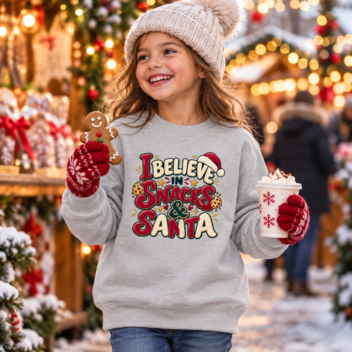 I Believe in Santa and Snacks in Heather Grey – festive lifestyle photo