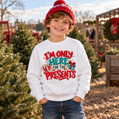 I'm Only Here For The Presents in Arctic White – festive lifestyle photo