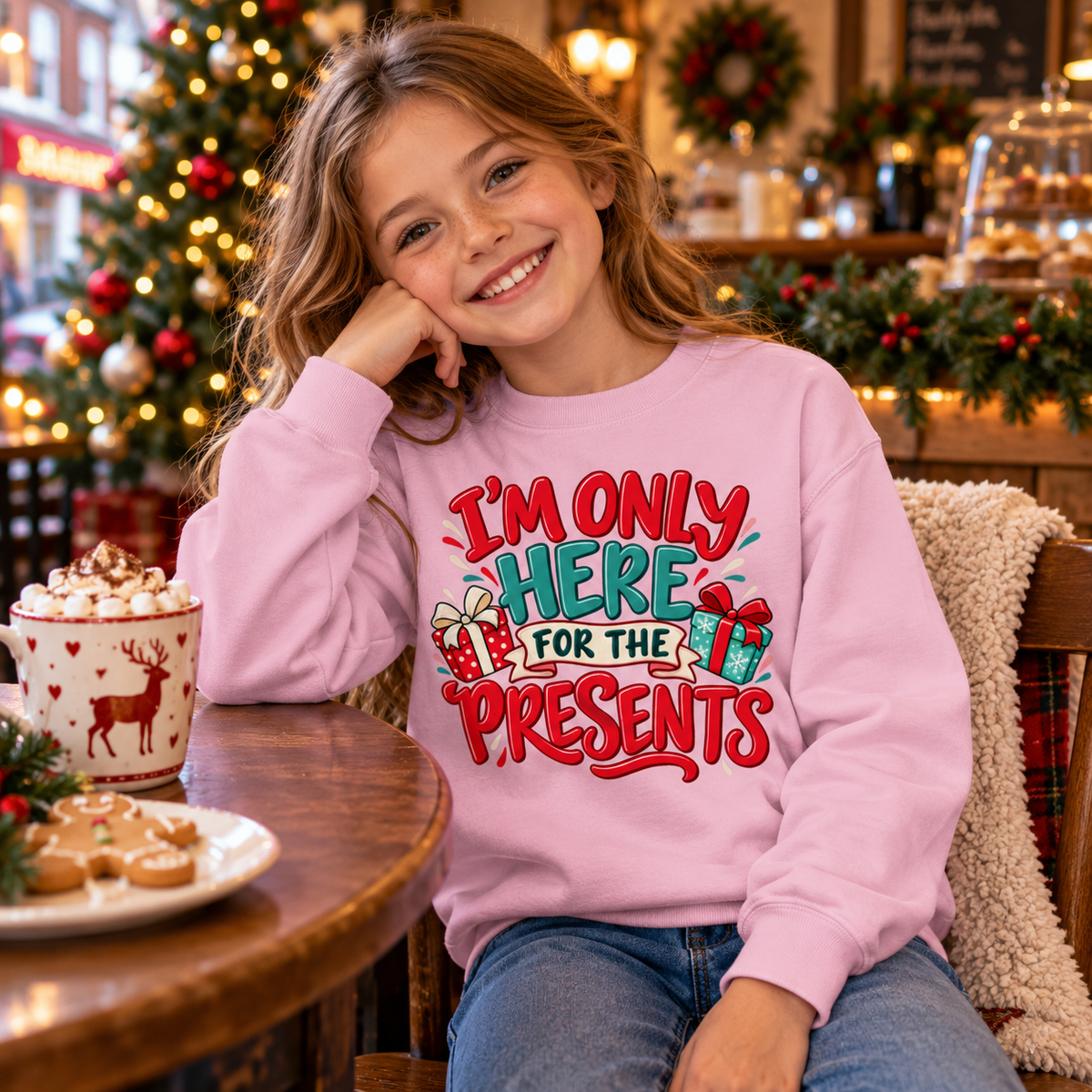 I'm Only Here For The Presents in Baby Pink – festive lifestyle photo