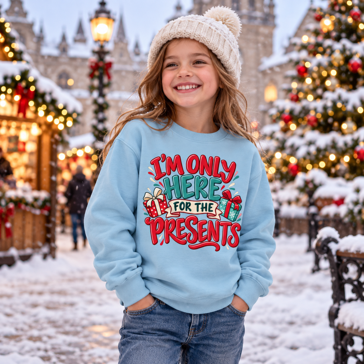 I'm Only Here For The Presents in Ice Blue – festive lifestyle photo