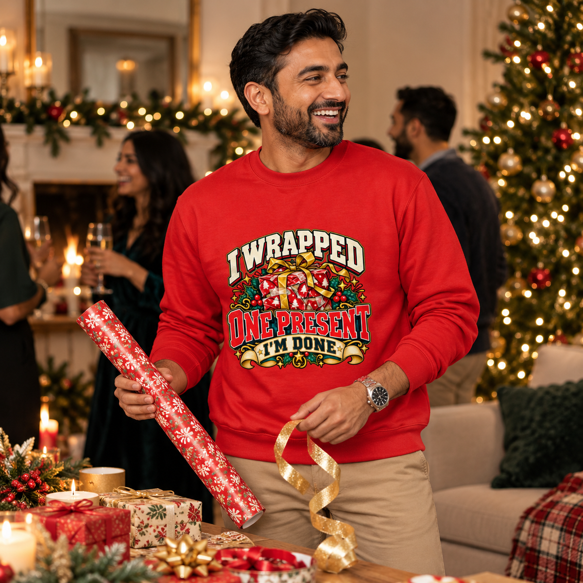 I Wrapped One Present Mens Christmas Jumper in Fire Red – men's Christmas sweatshirt lifestyle photo