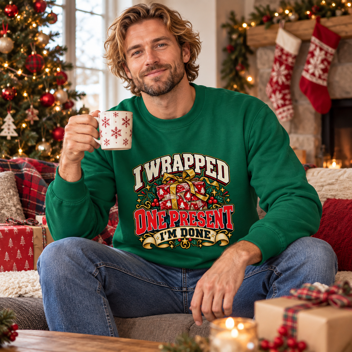 I Wrapped One Present Mens Christmas Jumper in Rainforest Green – men's Christmas sweatshirt lifestyle photo