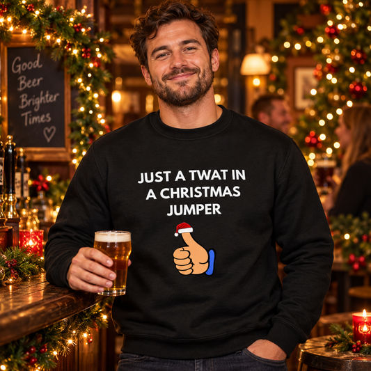 Man wearing black Just A Twat In A Christmas Jumper sweatshirt at a festive pub