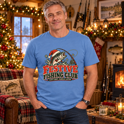 Man wearing Festive Fishing Club Men's Christmas T-Shirt in Carolina Blue in a festive lifestyle setting