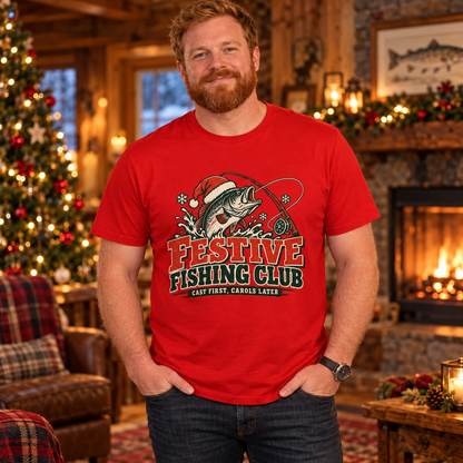 Man wearing Festive Fishing Club Men's Christmas T-Shirt in Red in a festive lifestyle setting