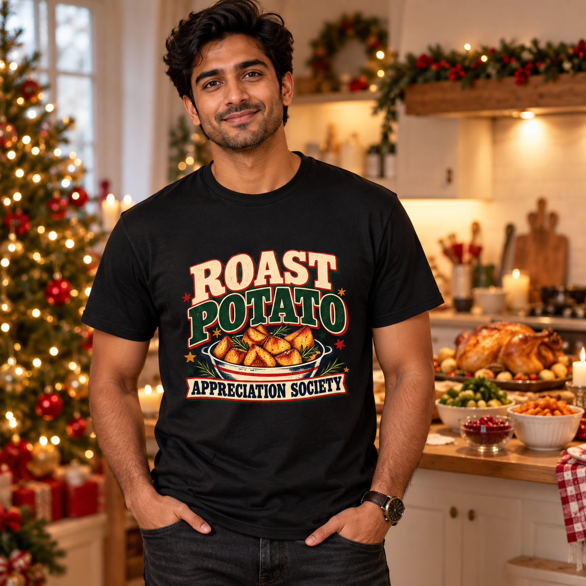 Man wearing Roast Potato Appreciation Society Men's Christmas T-Shirt in Black in a festive lifestyle setting