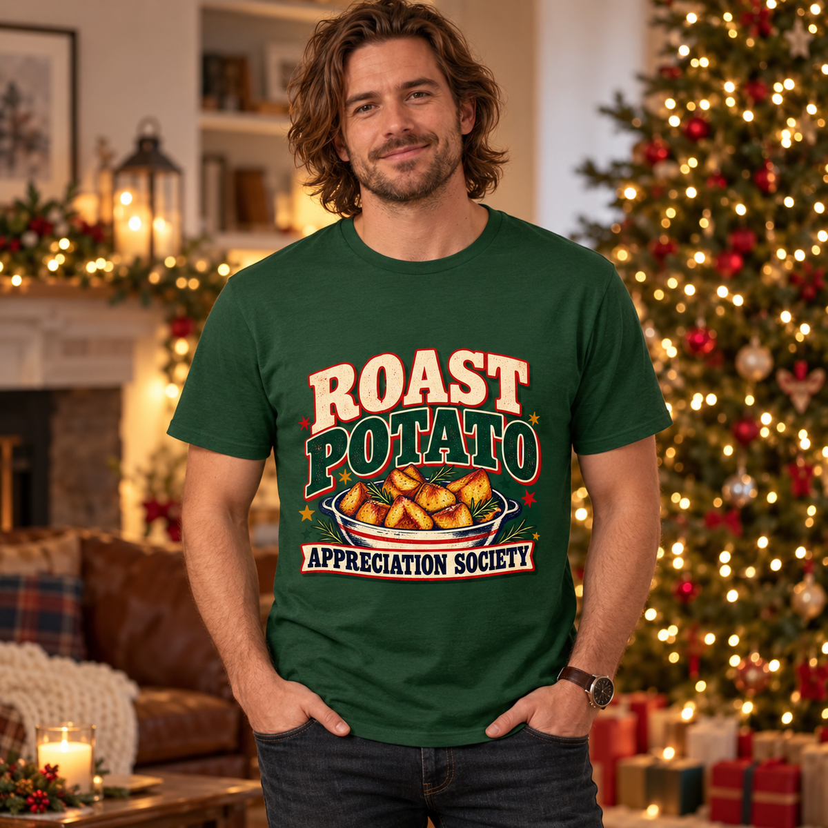 Man wearing Roast Potato Appreciation Society Men's Christmas T-Shirt in Forest in a festive lifestyle setting