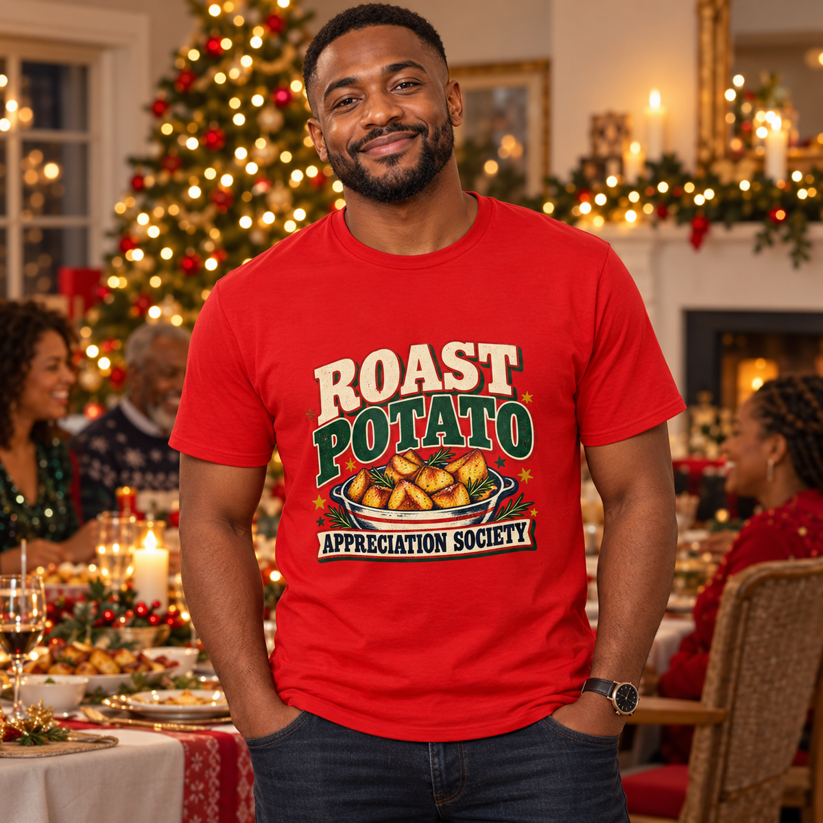 Man wearing Roast Potato Appreciation Society Men's Christmas T-Shirt in Red in a festive lifestyle setting