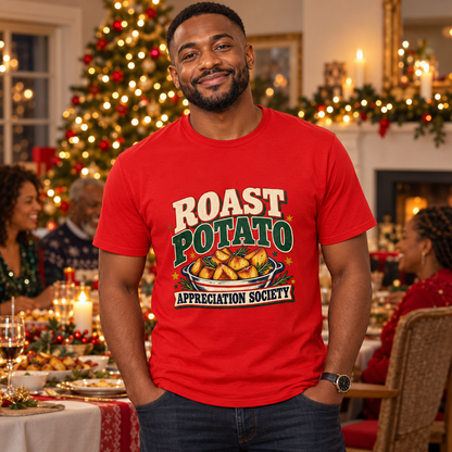 Man wearing Roast Potato Appreciation Society Men's Christmas T-Shirt in Red in a festive lifestyle setting