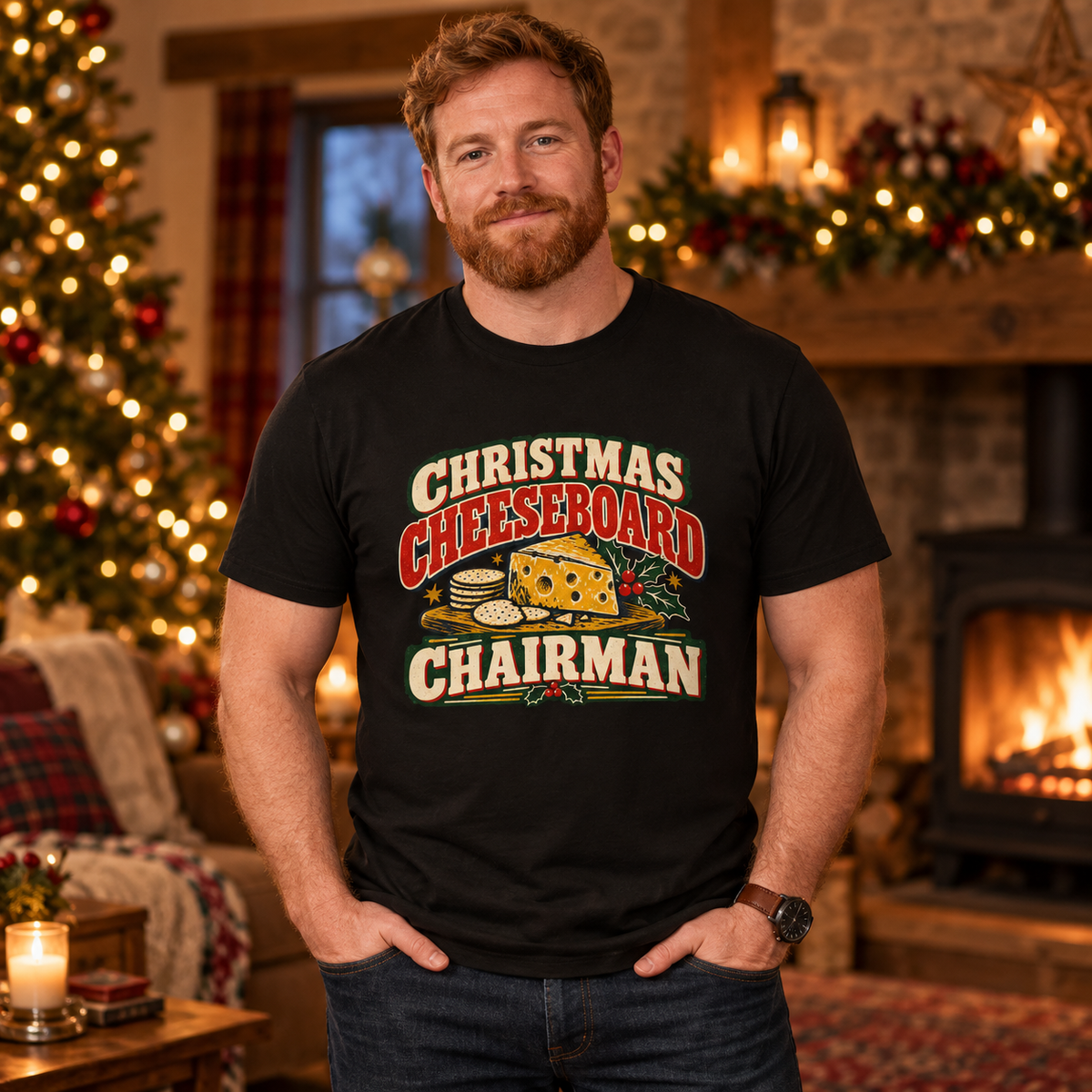 Man wearing Christmas Cheeseboard Chairman Men's Christmas T-Shirt in Black in a festive lifestyle setting
