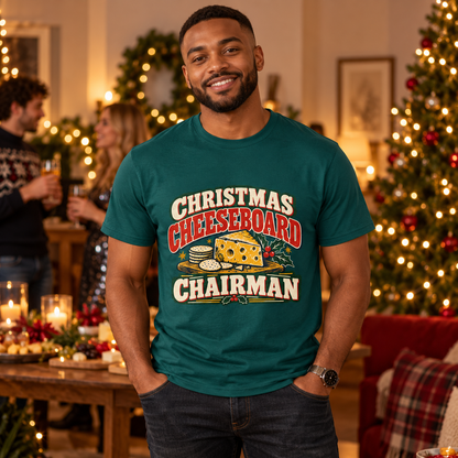Man wearing Christmas Cheeseboard Chairman Men's Christmas T-Shirt in Fan Marine Green in a festive lifestyle setting