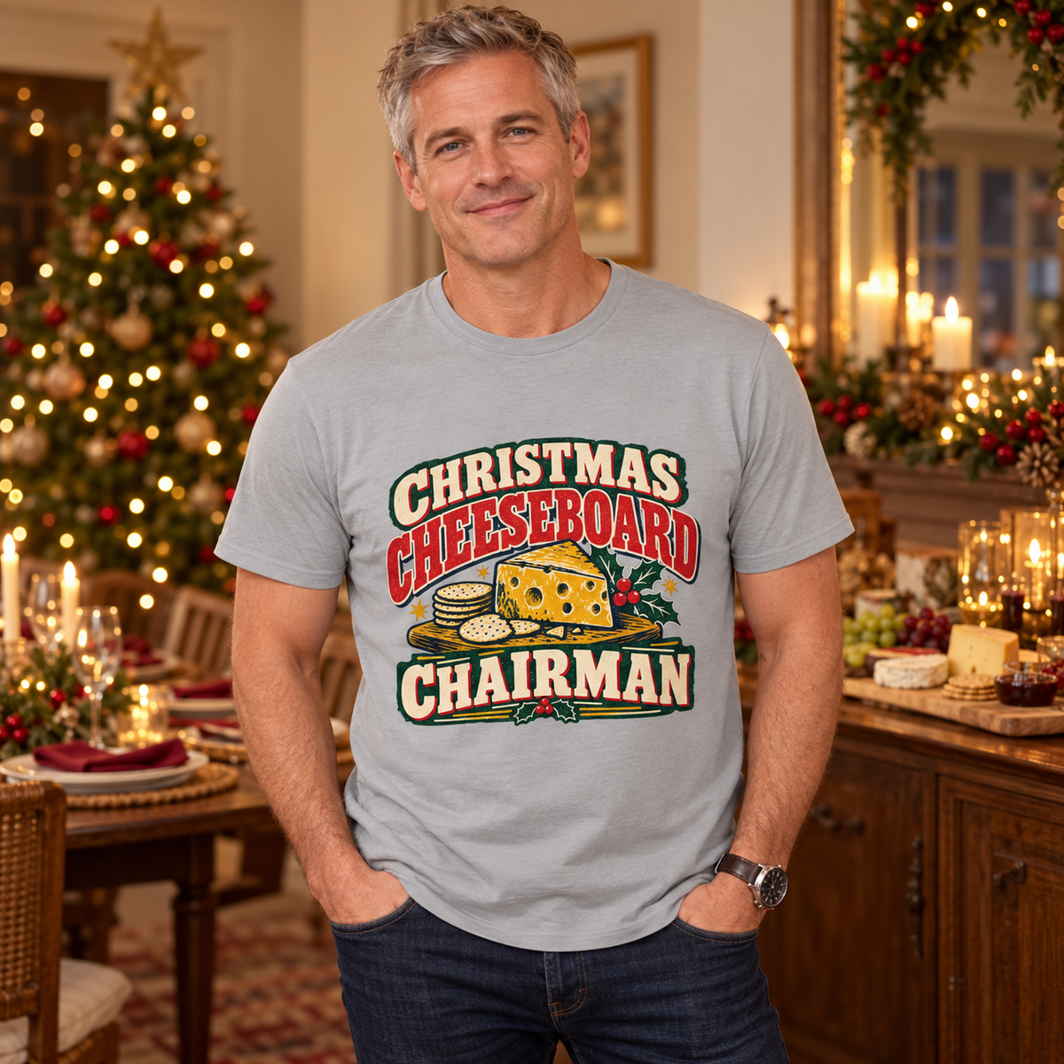 Man wearing Christmas Cheeseboard Chairman Men's Christmas T-Shirt in Sports Grey in a festive lifestyle setting