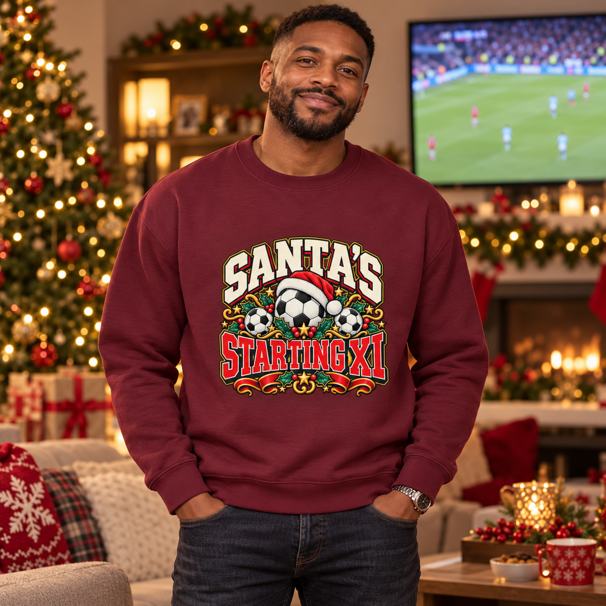 Man wearing Santa's Starting XI Men's Christmas Football Sweatshirt in Burgundy in a festive lifestyle setting