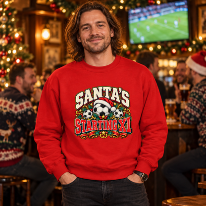 Man wearing Santa's Starting XI Men's Christmas Football Sweatshirt in Fire Red in a festive lifestyle setting