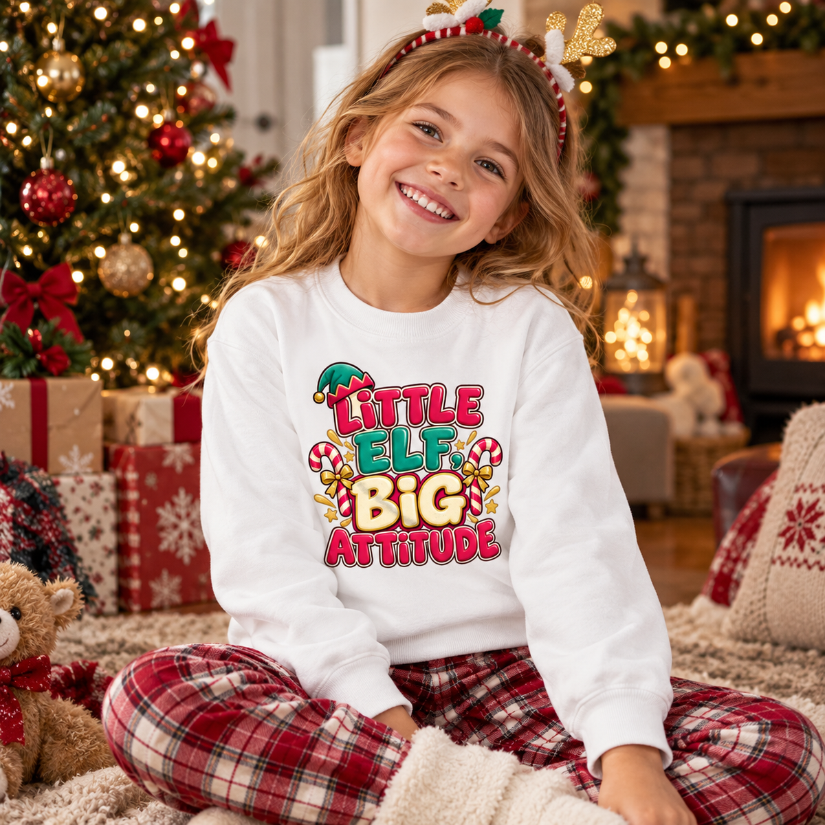Little Elf Big Attitude in Arctic White – festive lifestyle photo
