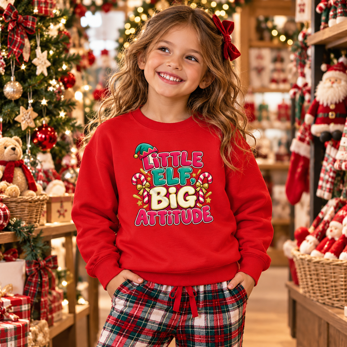 Little Elf Big Attitude in Fire Red – festive lifestyle photo