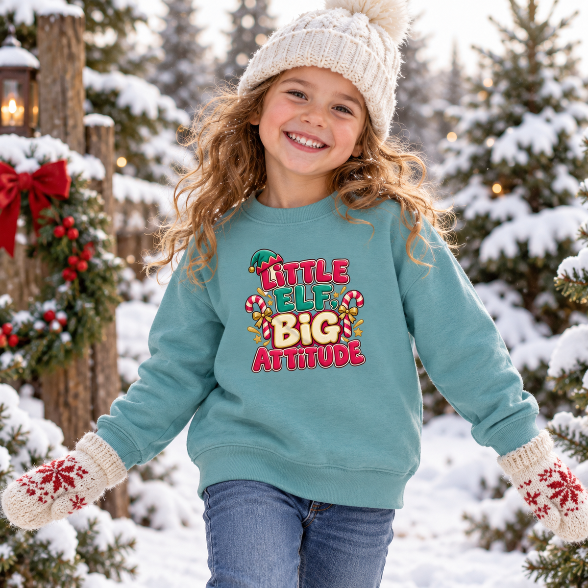 Little Elf Big Attitude in Seafoam – festive lifestyle photo
