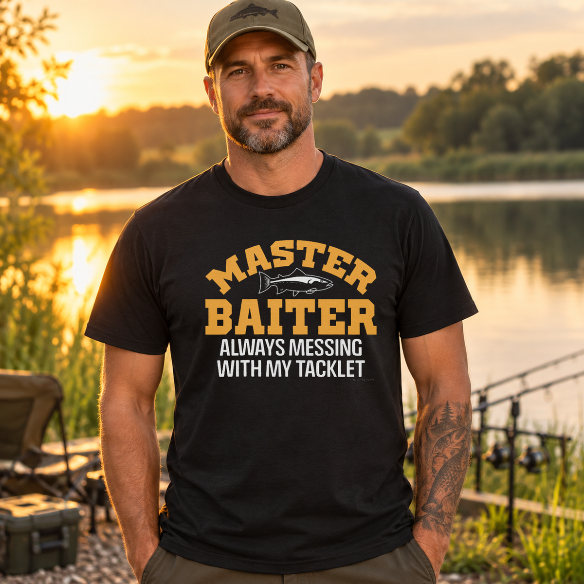 Men's black Master Baiter fishing T-shirt with correctly positioned chest print