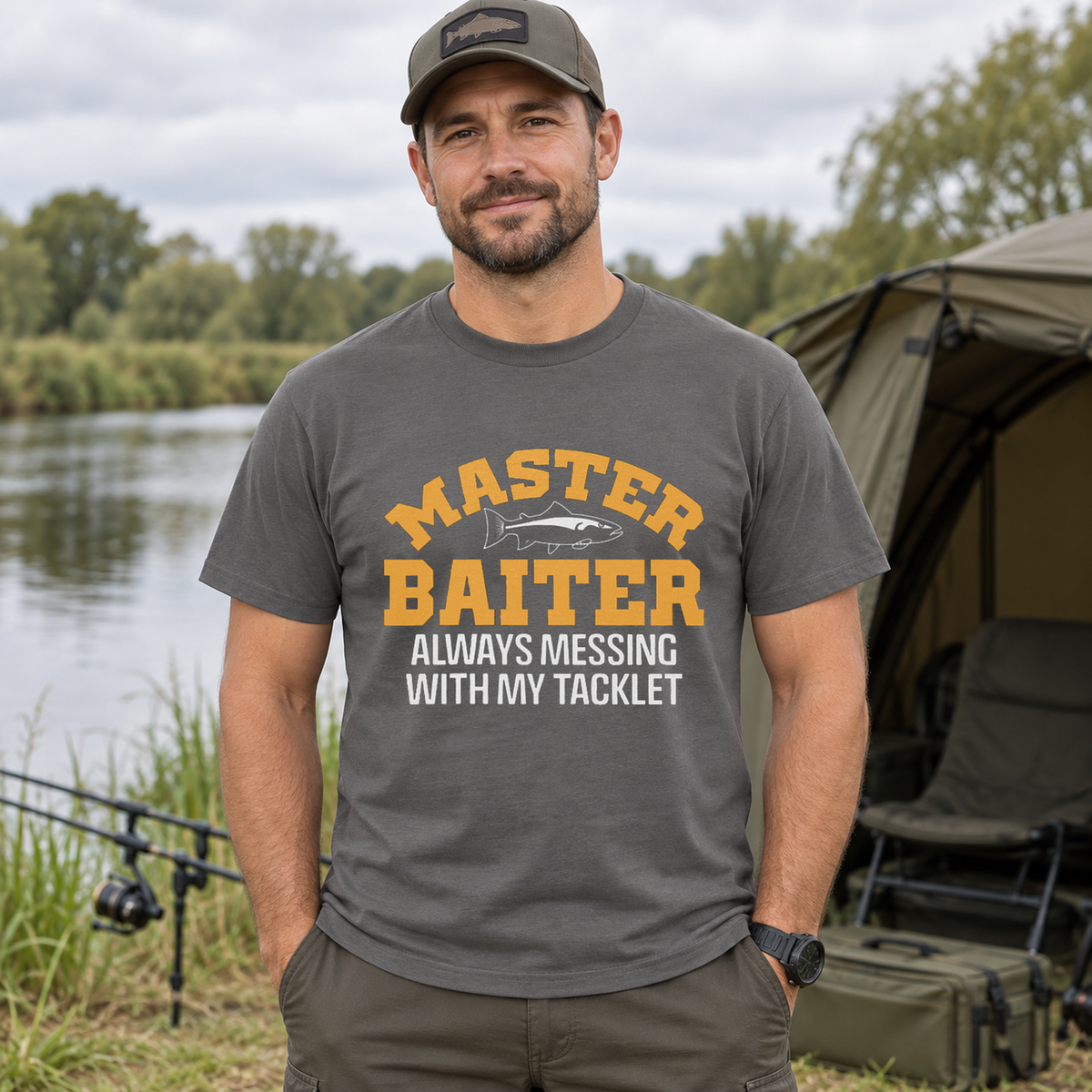 Men's charcoal Master Baiter fishing T-shirt lifestyle image with centred chest print