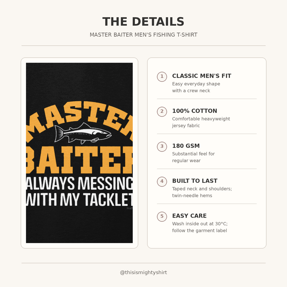 Master Baiter men's T-shirt features and care guide