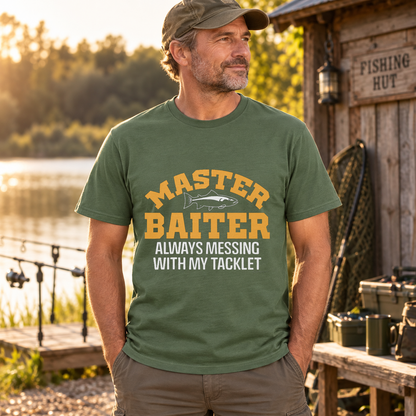 Men's military green Master Baiter fishing T-shirt with correctly positioned print