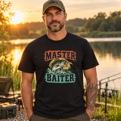 Men's black retro bass Master Baiter fishing T-shirt with correctly positioned print