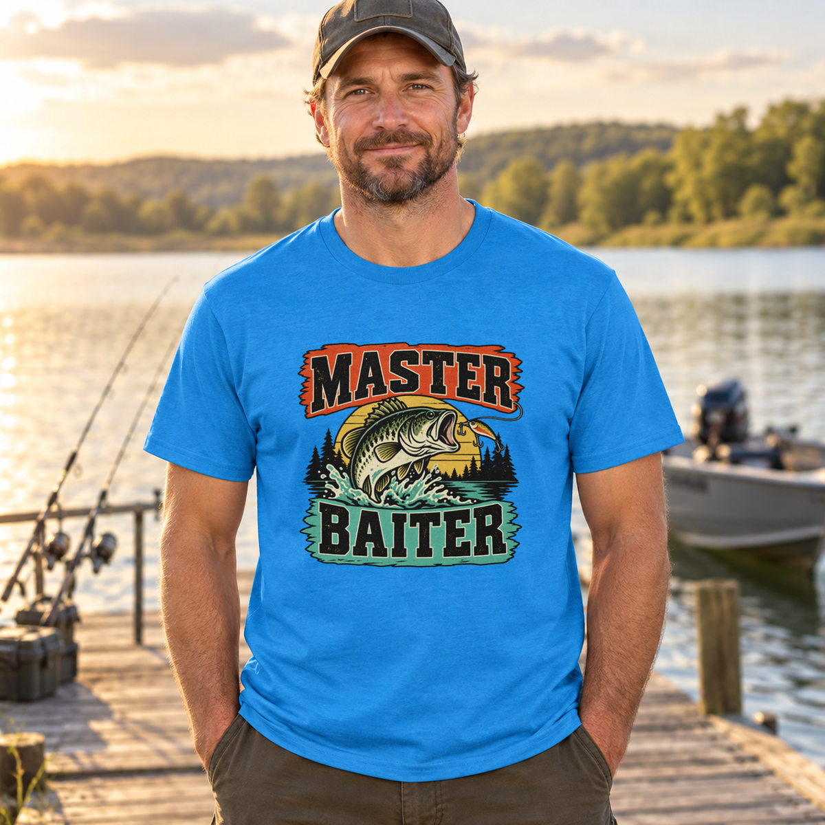 Men's heather sapphire retro bass Master Baiter fishing T-shirt with correctly positioned print