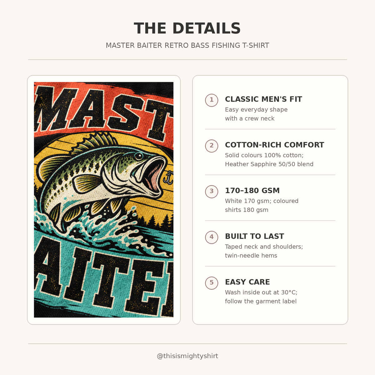 Retro bass Master Baiter men's T-shirt features and care guide