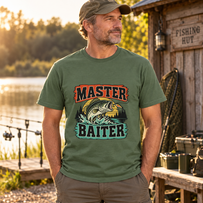 Men's military green retro bass Master Baiter fishing T-shirt with correctly positioned print
