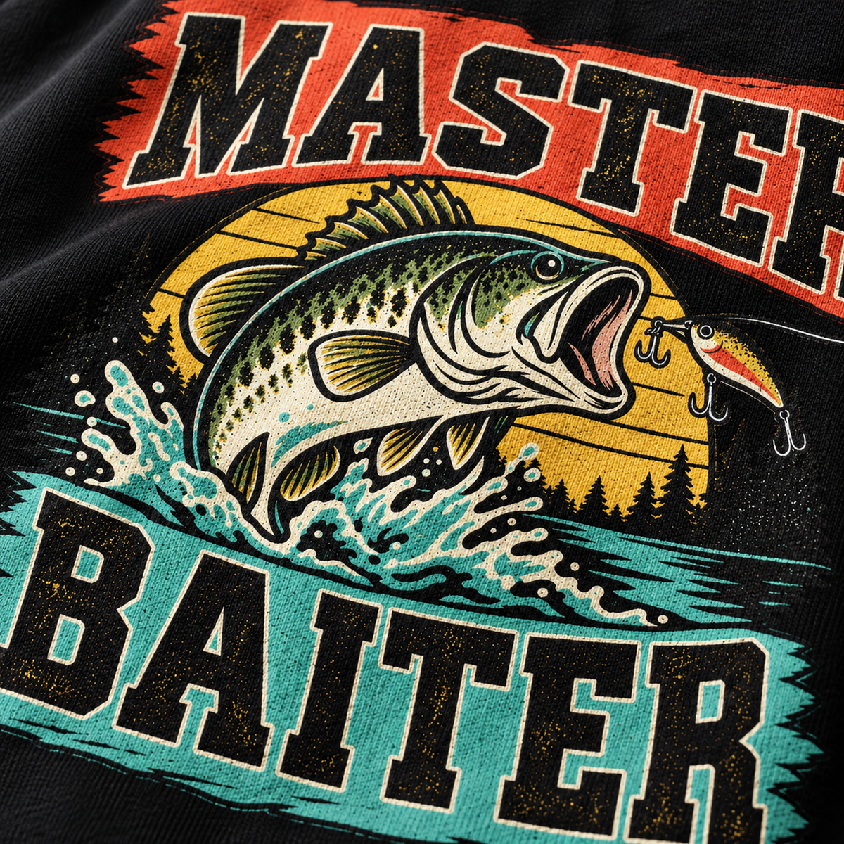 Retro bass Master Baiter fishing design close-up