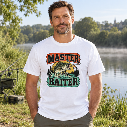 Men's white retro bass Master Baiter fishing T-shirt with centred chest print