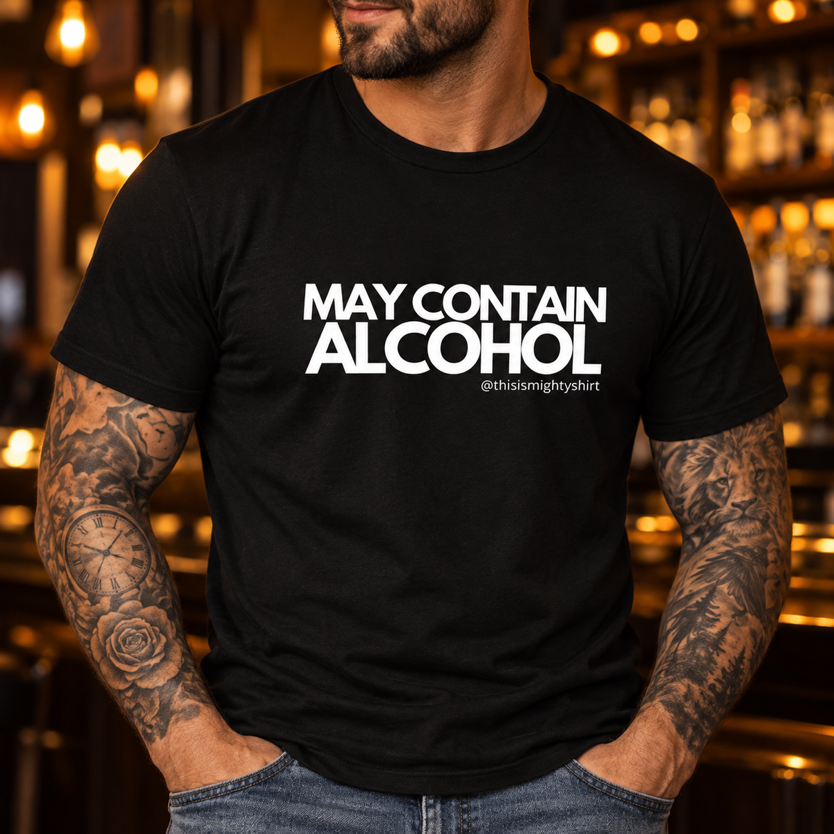 Close-up of white May Contain Alcohol print on a black men's T-shirt