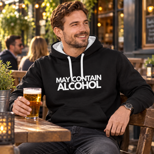 May Contain Alcohol Men's Varsity Hoodie – Funny Drinking Gift, lifestyle view 2