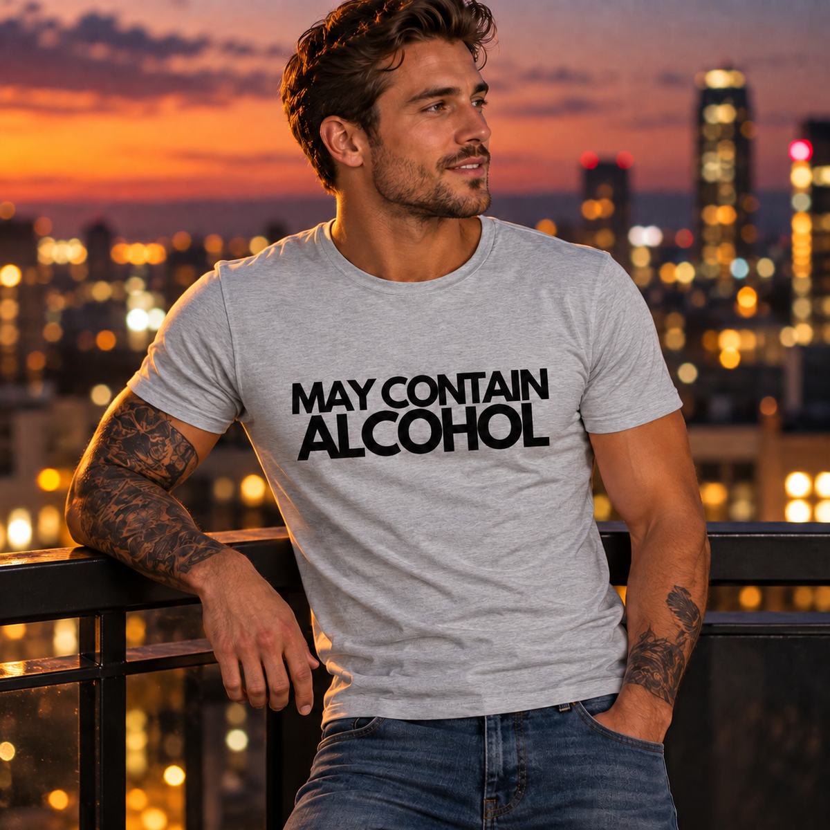 Tattooed man wearing Sport Grey May Contain Alcohol T-shirt on a rooftop at sunset