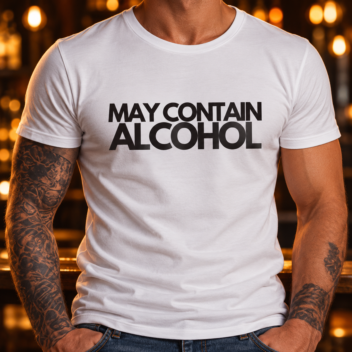Close-up of black May Contain Alcohol print on a white men's T-shirt