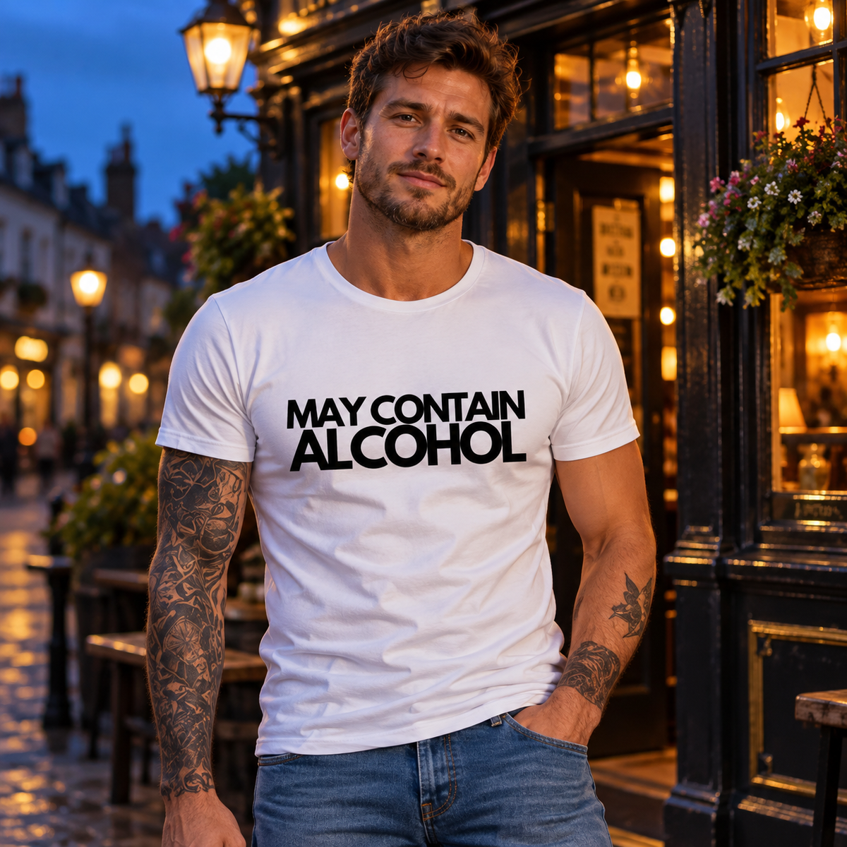 Men's white May Contain Alcohol T-shirt outside a British pub at dusk