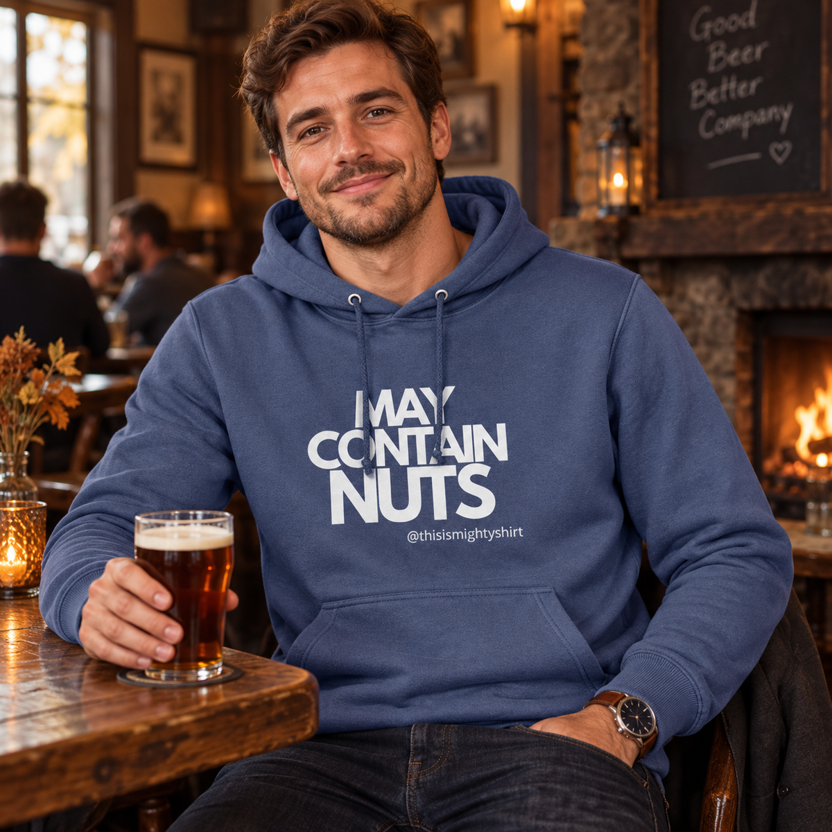 May Contain Nuts Men's College Hoodie – Funny Slogan Gift for Him, lifestyle view 1