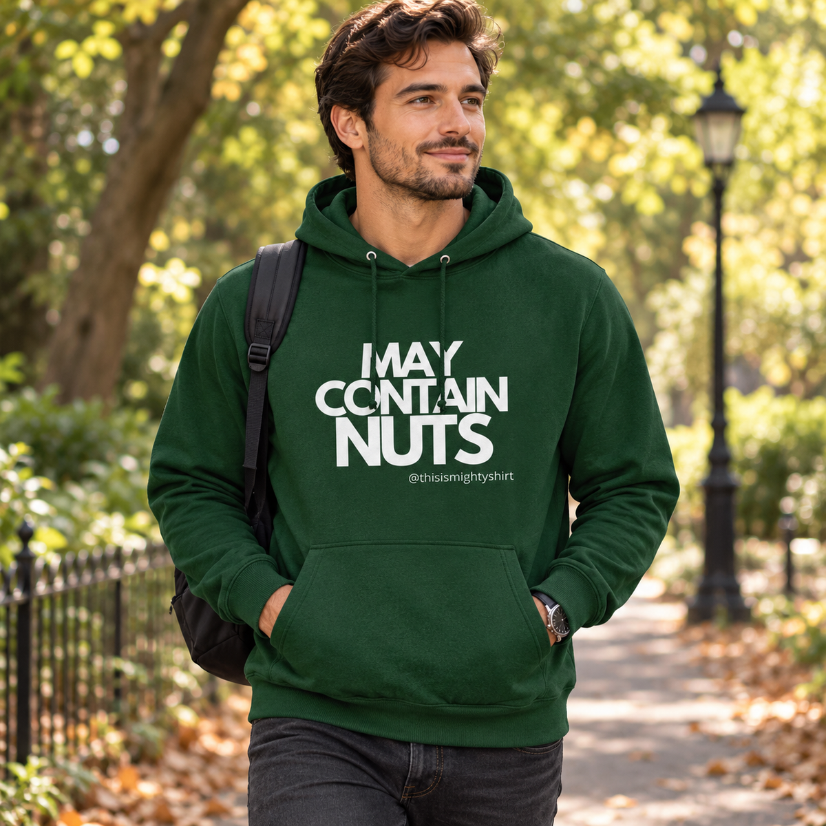 May Contain Nuts Men's College Hoodie – Funny Slogan Gift for Him, lifestyle view 2