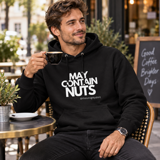 May Contain Nuts Men's College Hoodie – Funny Slogan Gift for Him, lifestyle view 3