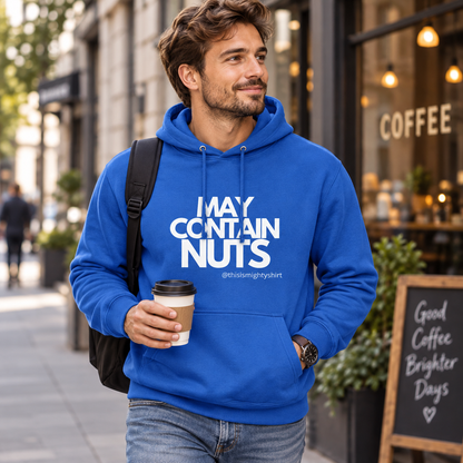 May Contain Nuts Men's College Hoodie – Funny Slogan Gift for Him, lifestyle view 5