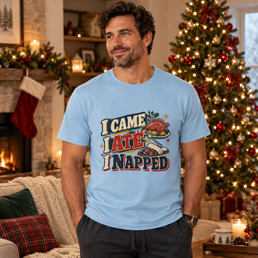 I Came, I Ate, I Napped Men's Christmas T-Shirt in Light Blue, styled for Christmas