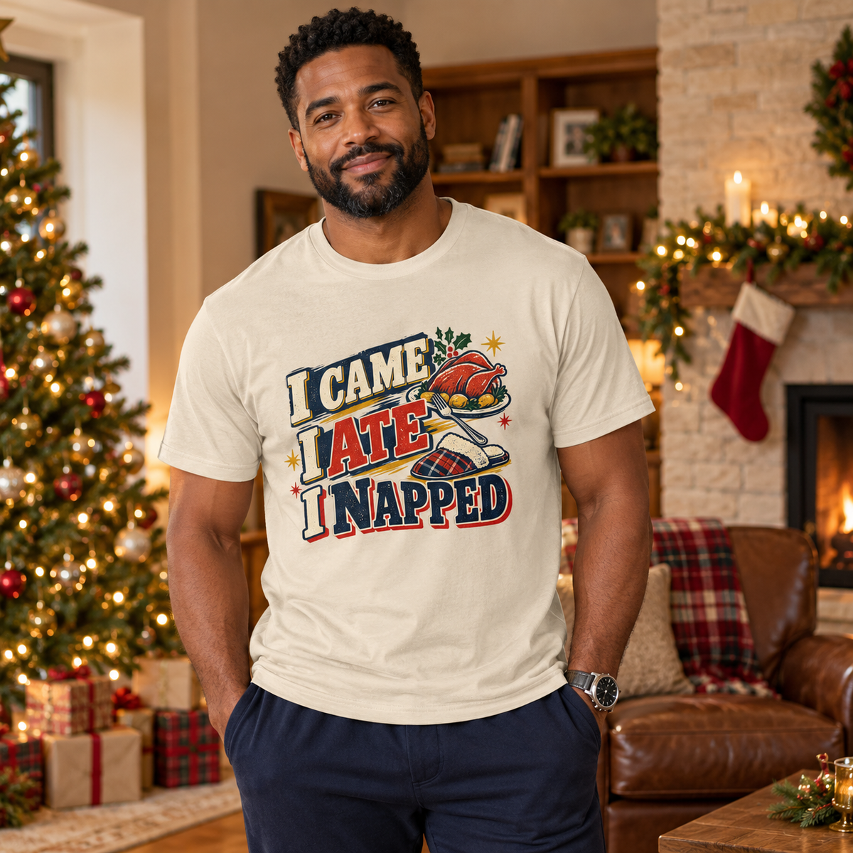 I Came, I Ate, I Napped Men's Christmas T-Shirt in Natural, styled for Christmas